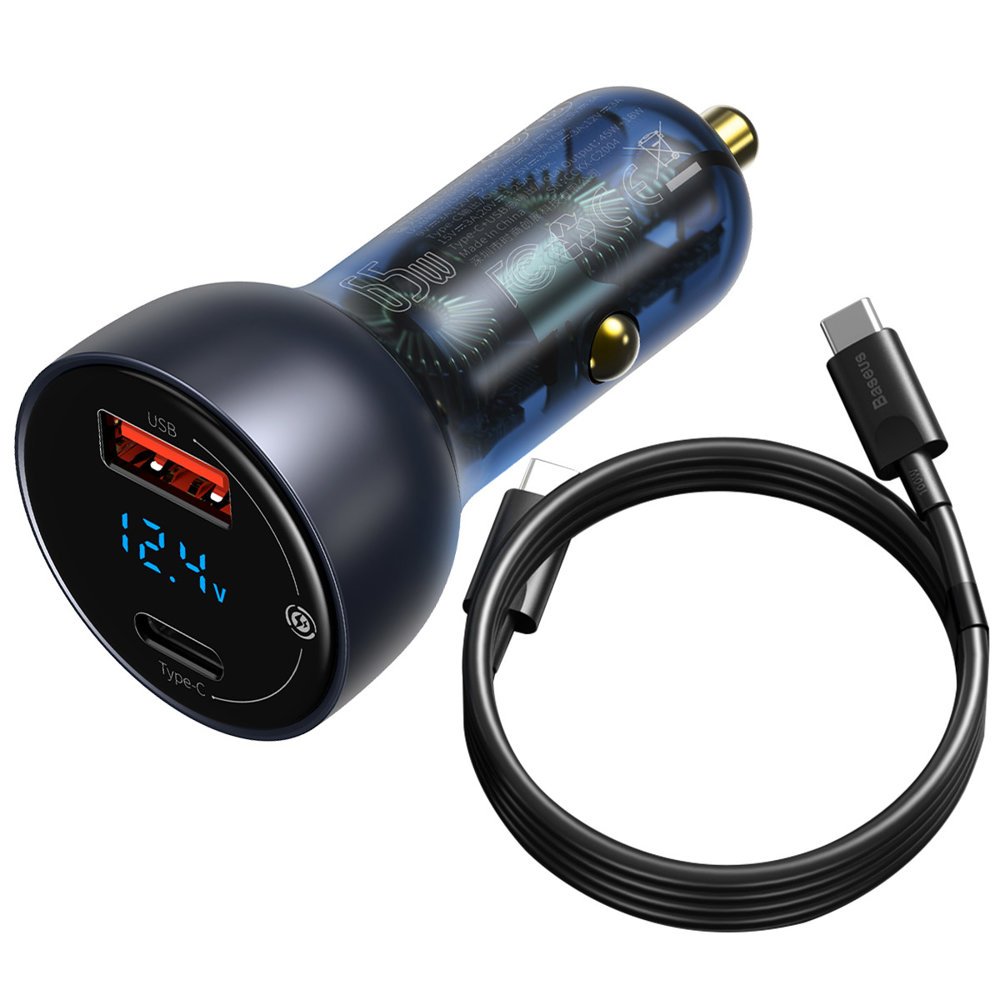 Chargeur Auto Avec Câble USB-C Baseus Affichage Numérique, 65W, 5A, 1 x USB-A - 1 x USB-C, Noir TZCCKX-0G