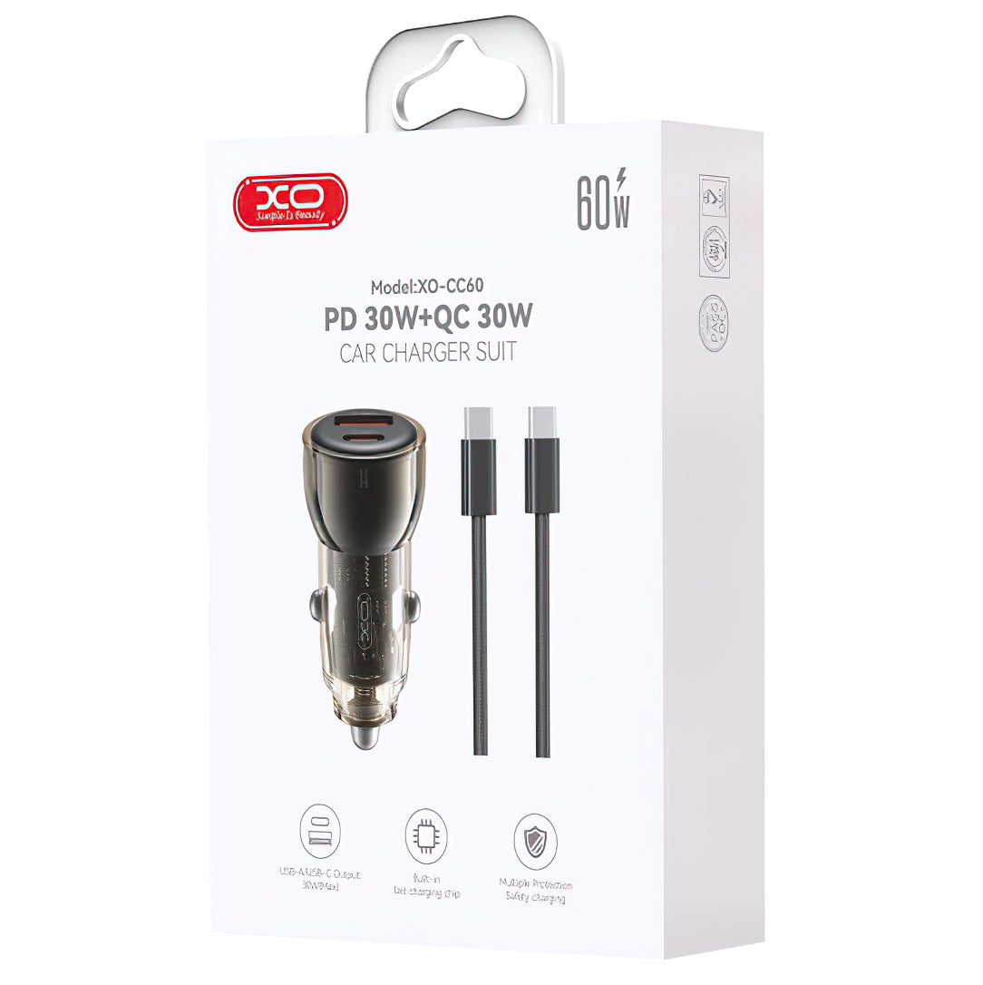 Chargeur de voiture avec câble USB-C XO Design CC60, 60W, 3A, 1 x USB-A - 1 x USB-C, Noir