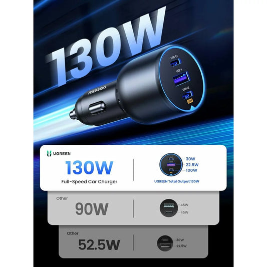 Chargeur de voiture avec câble USB-C UGREEN CD293, 130W, 5A, 1 x USB-A - 2 x USB-C, Noir