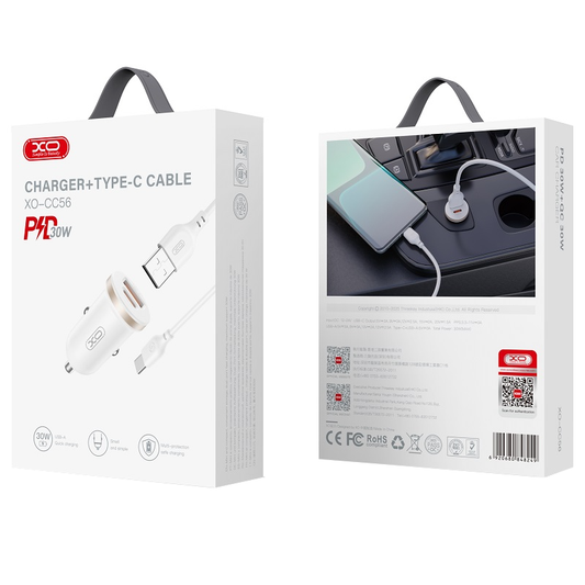 Chargeur de voiture avec câble USB-C XO Design CC56, 30W, 3A, 1 x USB-A - 1 x USB-C, Blanc