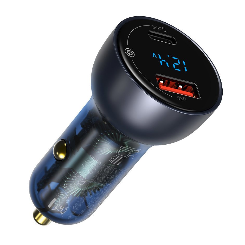 Chargeur Auto Avec Câble USB-C Baseus Affichage Numérique, 65W, 5A, 1 x USB-A - 1 x USB-C, Noir TZCCKX-0G