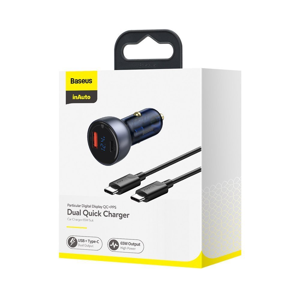 Chargeur Auto Avec Câble USB-C Baseus Affichage Numérique, 65W, 5A, 1 x USB-A - 1 x USB-C, Noir TZCCKX-0G