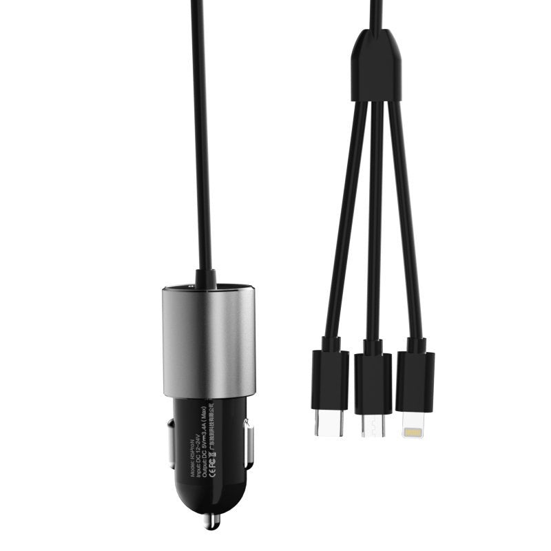 Chargeur Auto Avec Câble Lightning / microUSB / USB-C Dudao R5ProN, 17W, 3.4A, 1 x USB-A, Noir