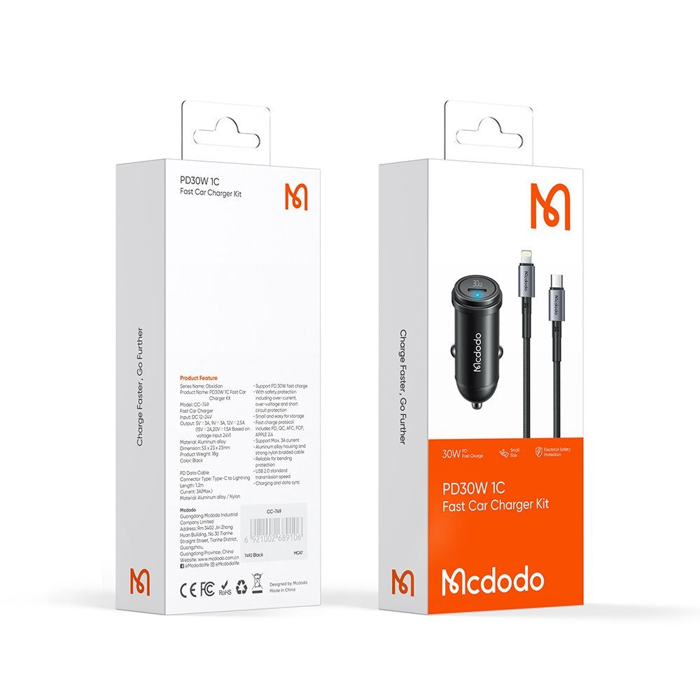 Chargeur de voiture avec câble Lightning McDodo CC-7492 Obsidian, 30W, 3A, 1 x USB-C, Noir