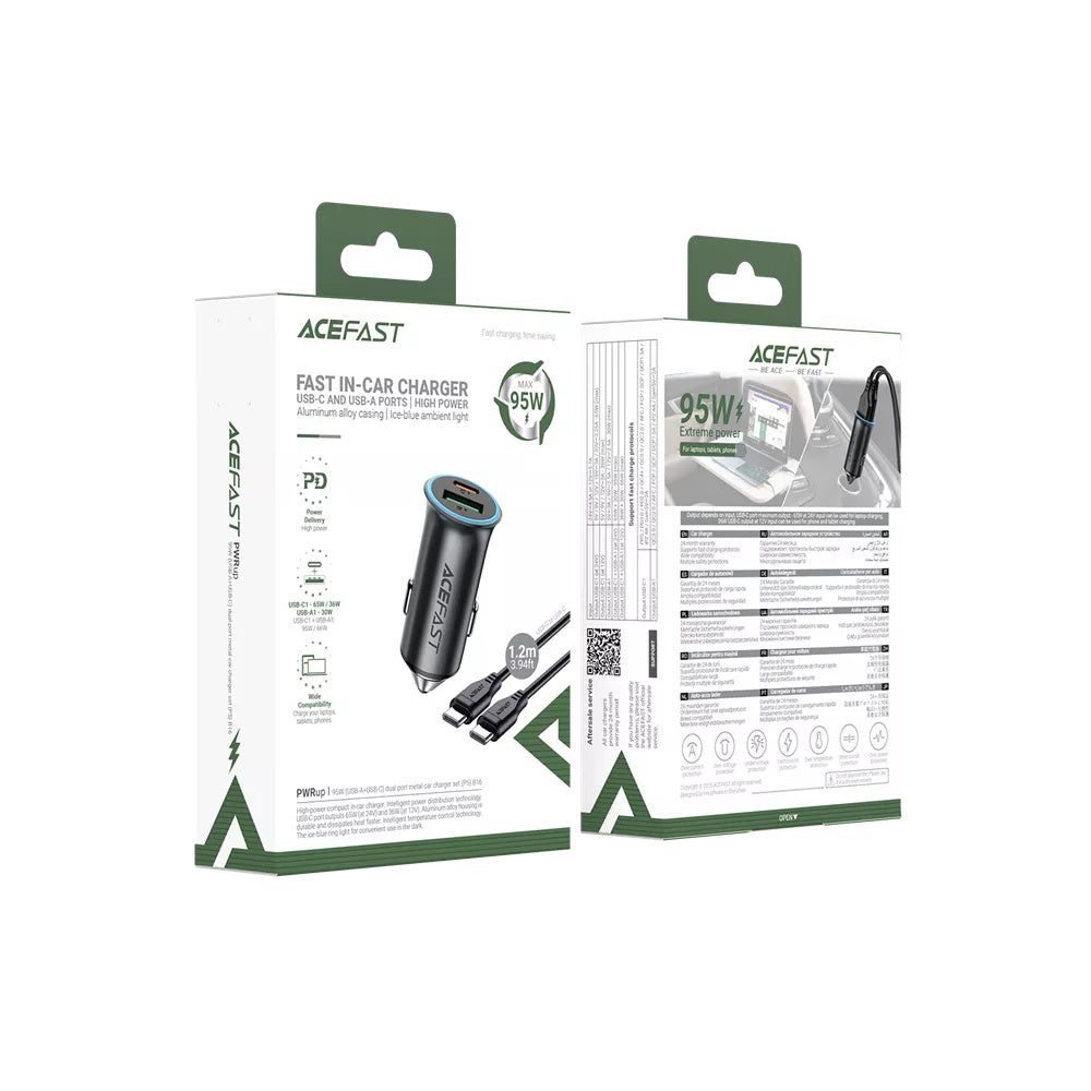 Chargeur Auto Avec Câble USB-C Acefast B16, 95W, 3.25A, 1 x USB-A - 1 x USB-C, Gris