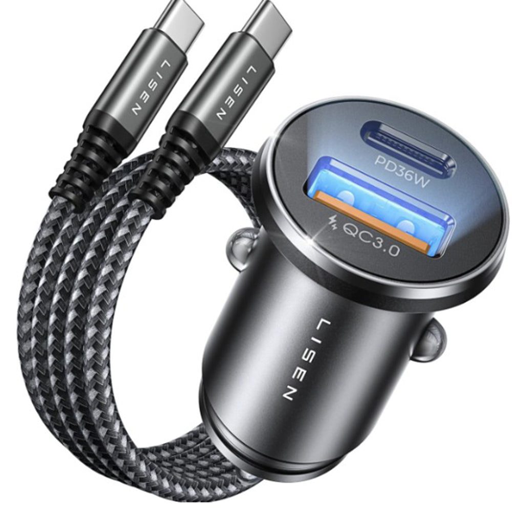 Chargeur de voiture avec câble USB-C Lisen, 51W, 3A, 1 x USB-A - 1 x USB-C, Noir Bleu Marine YL0223080047