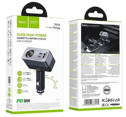 Chargeur Auto HOCO Z65A, 165W, 3A, 1 x Extension Allume-cigare - 1 x USB-A - 2 x USB-C, Noir