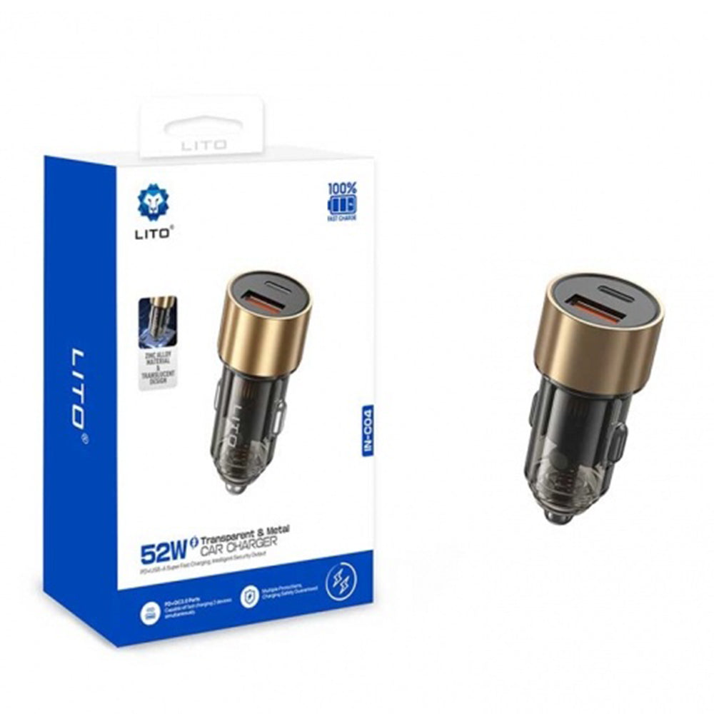 Chargeur Auto Lito IN-C04, 52W, 3A, 1 x USB-A - 1 x USB-C, Noir