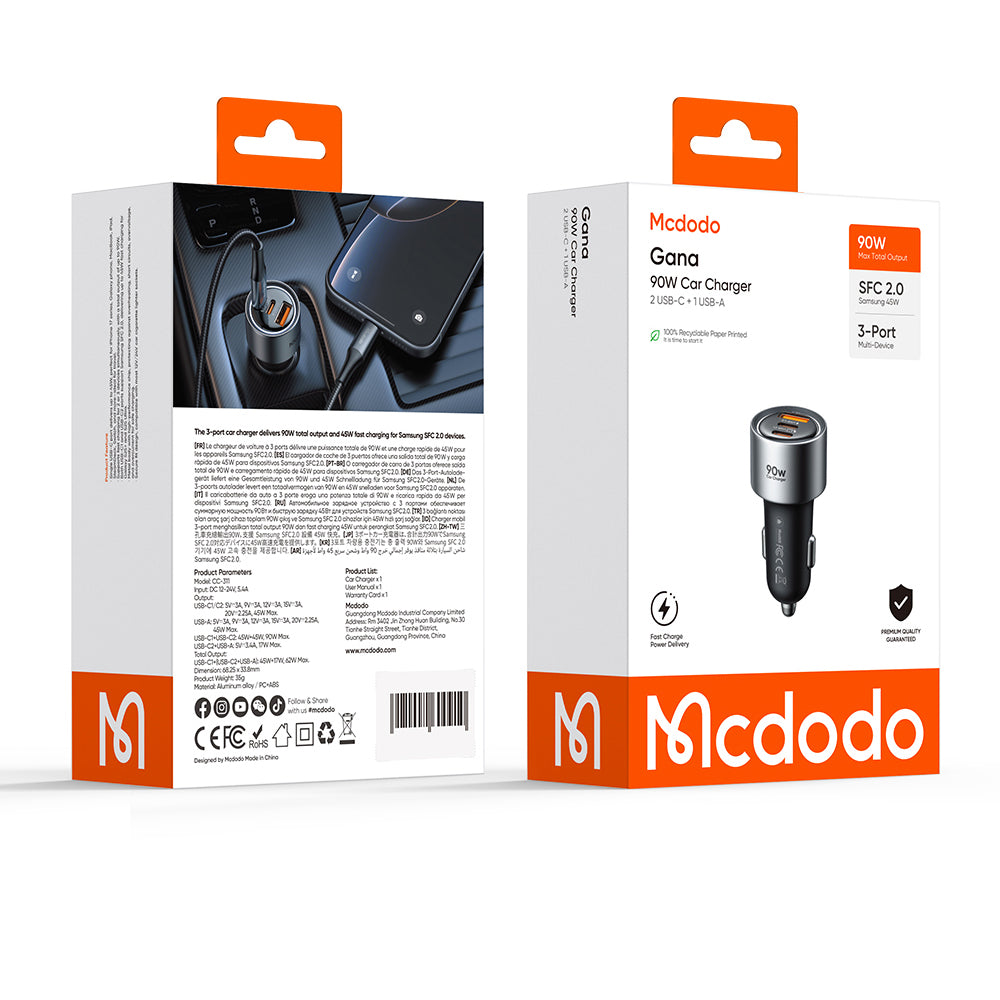 Chargeur Auto McDodo CC-3110 Gana, 90W, 3A, 1 x USB-A - 2 x USB-C, Noir