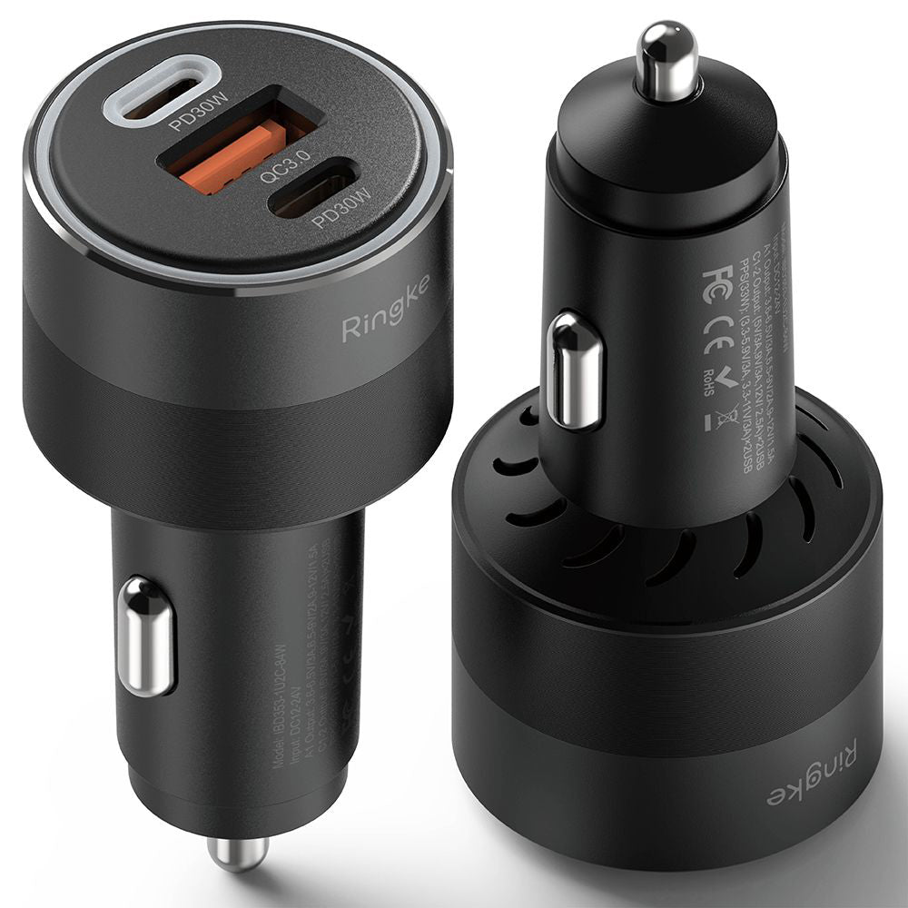 Chargeur de voiture Ringke, 30W, 3A, 1 x USB-A - 2 x USB-C, Noir