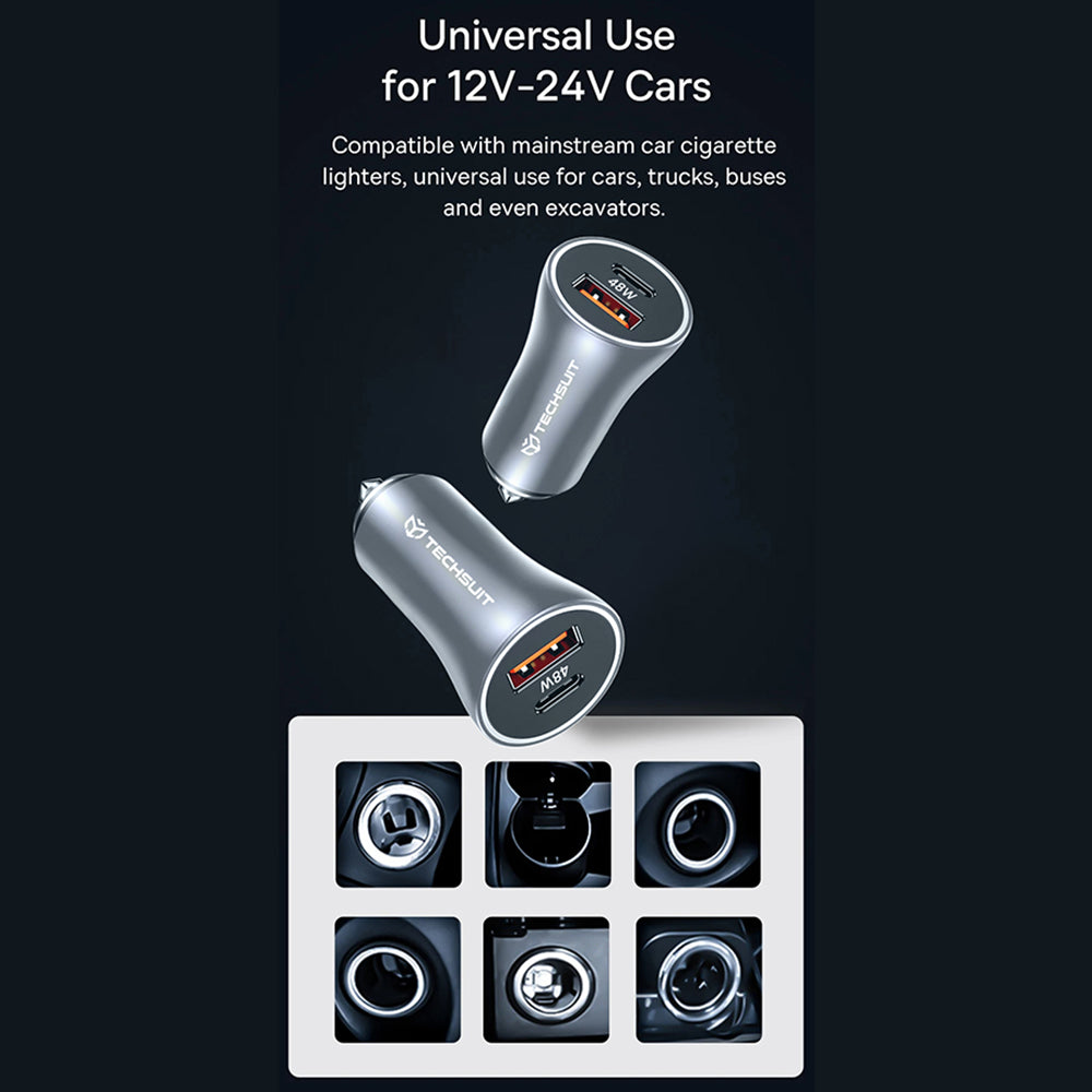 Chargeur Auto Techsuit C3 RescueVolt, 48W, 3A, 1 x USB-A - 1 x USB-C, Gris