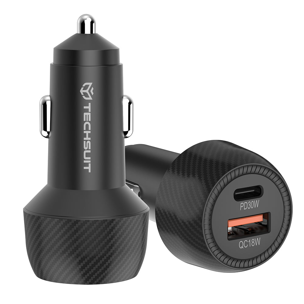 Chargeur Auto Techsuit C7 CarbonVolt, 48W, 3A, 1 x USB-A - 1 x USB-C, Noir