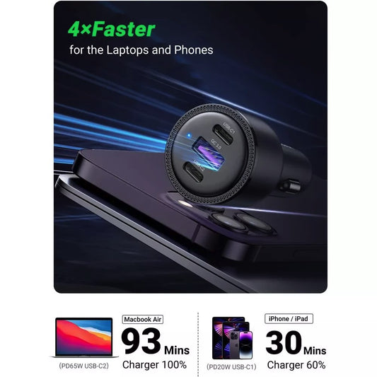 Chargeur de voiture UGREEN CD239, 69W, 3.25A, 1 x USB-A - 2 x USB-C, Noir