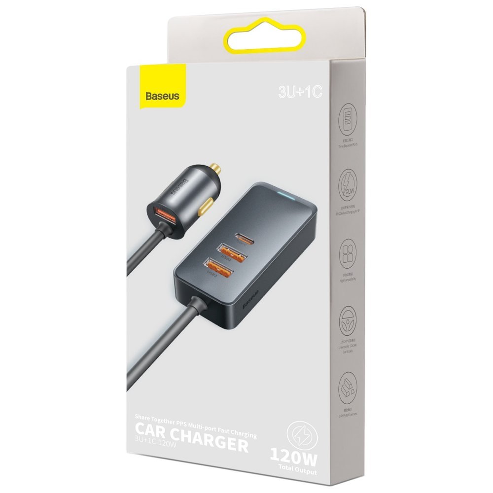 Chargeur Auto Baseus Share Together, 120W, 3A, 3 x USB-A - 1 x USB-C, Gris CCBT-B0G