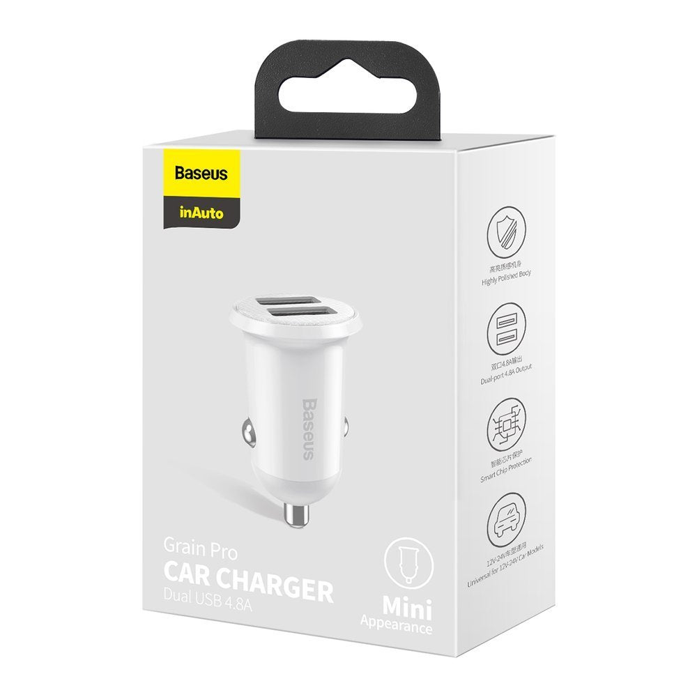 Chargeur de voiture Baseus Grain Pro, 24W, 2.4A, 2 x USB-A, blanc CCALLP-02