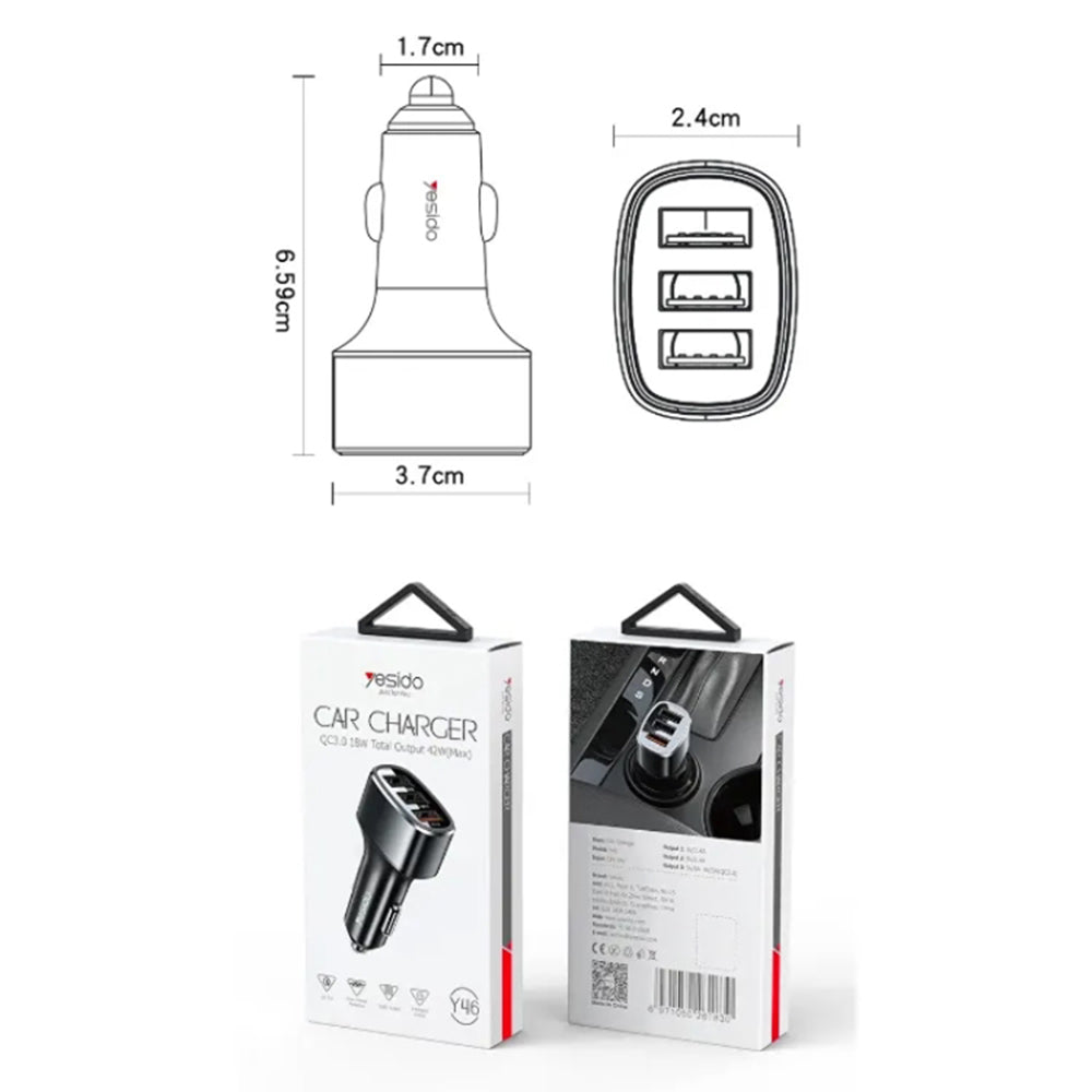 Chargeur de voiture Yesido Y46, 42W, 3A, 3 x USB-A, Noir