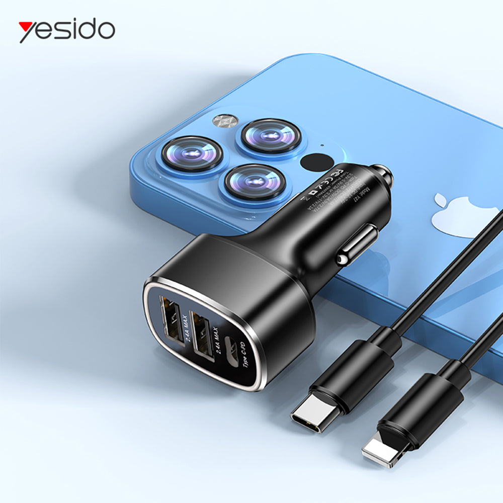 Chargeur de voiture Yesido Y47, 49W, 3A, 2 x USB-A - 1 x USB-C, Noir