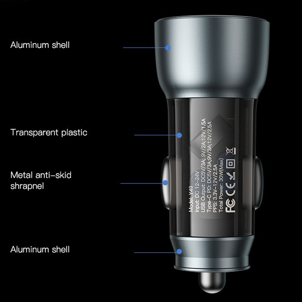 Chargeur de voiture Yesido Y49, 30W, 3A, 1 x USB-A - 1 x USB-C, Gris