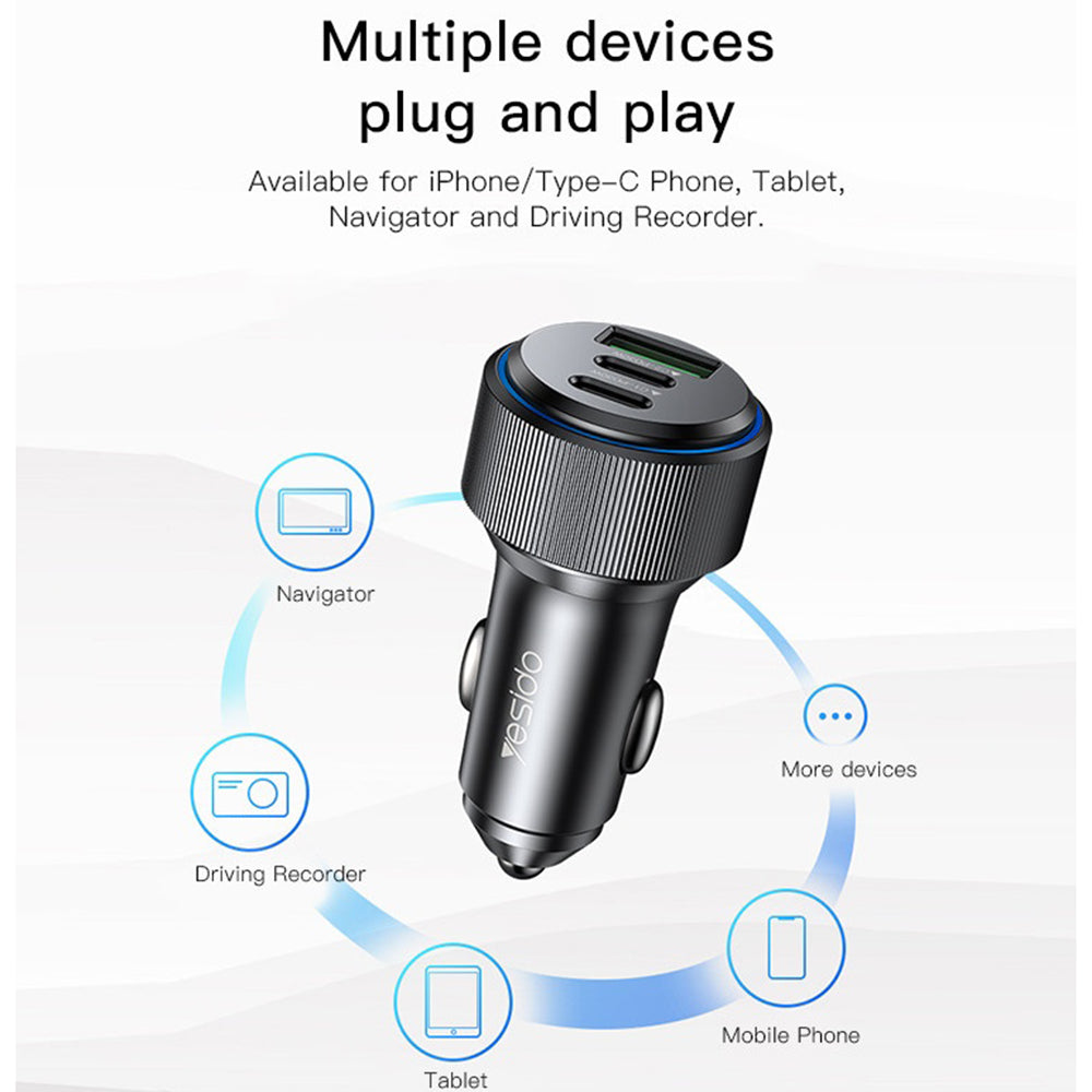 Chargeur de voiture Yesido Y50, 60W, 3A, 1 x USB-A - 2 x USB-C, Noir