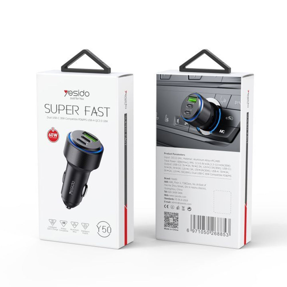 Chargeur de voiture Yesido Y50, 60W, 3A, 1 x USB-A - 2 x USB-C, Noir