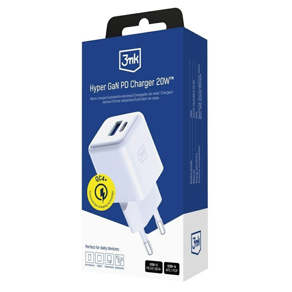 Chargeur Réseau 3MK Hyper, 20W, 3A, 1 x USB-A - 1 x USB-C, Blanc