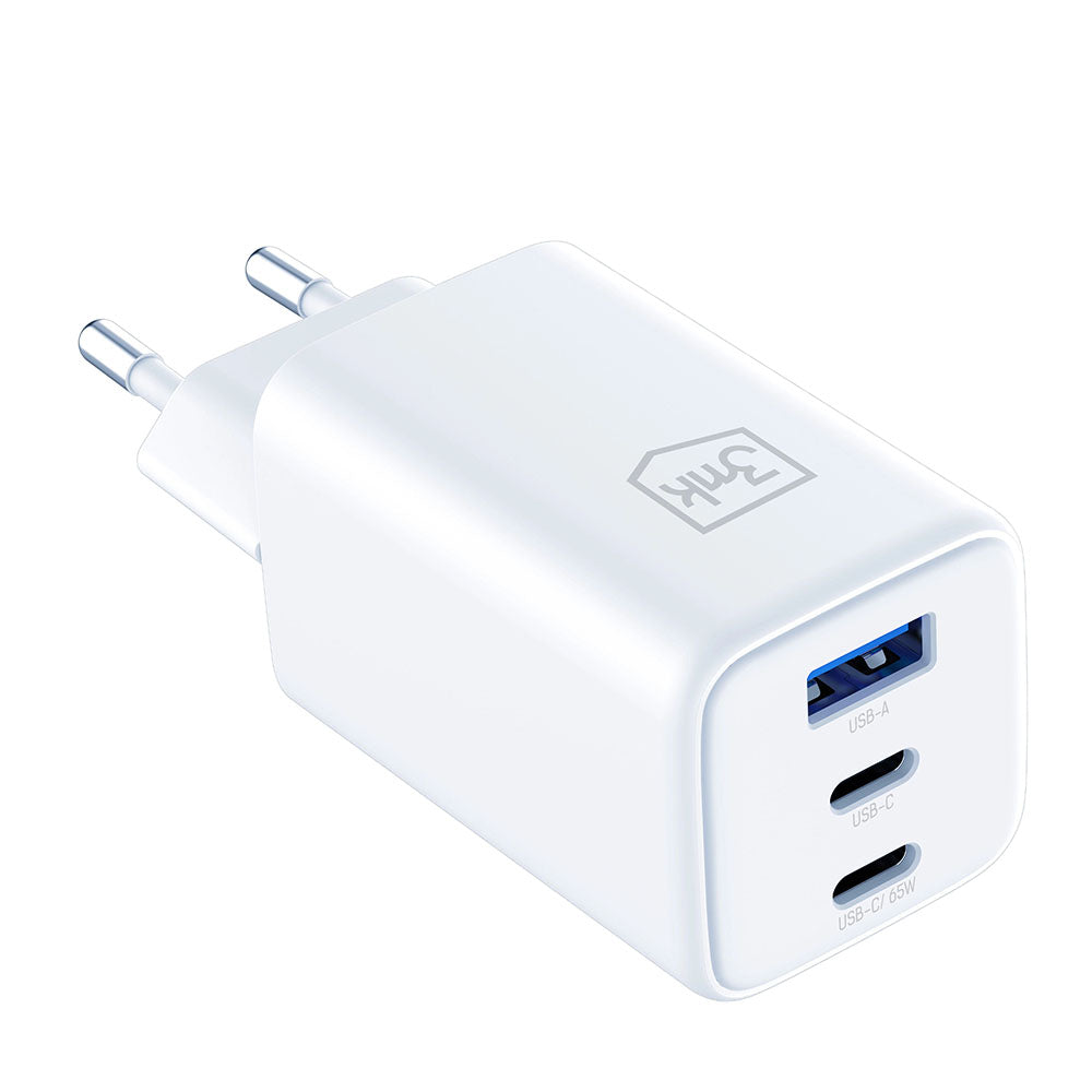 Chargeur Réseau 3MK Hyper, 65W, 3.25A, 1 x USB-A - 2 x USB-C, Blanc