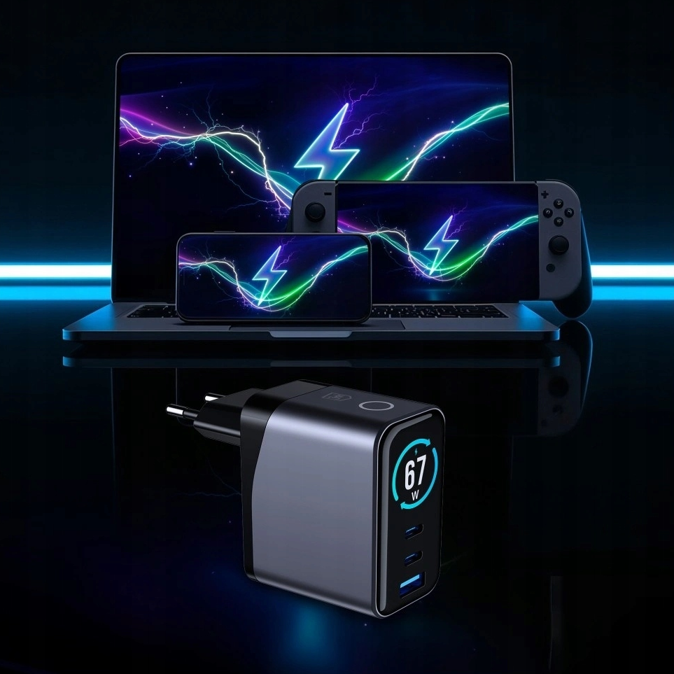 Chargeur Secteur 3MK InCharge Lumin Display, 67W, 5A, 1 x USB-A - 2 x USB-C, Noir