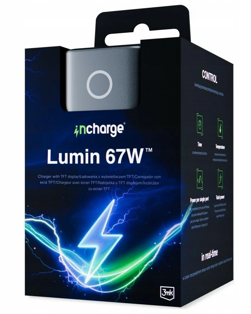 Chargeur Secteur 3MK InCharge Lumin Display, 67W, 5A, 1 x USB-A - 2 x USB-C, Noir