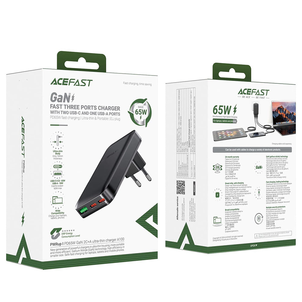 Chargeur Réseau Acefast A100, 65W, 3.25A, 1 x USB-A - 2 x USB-C, Noir