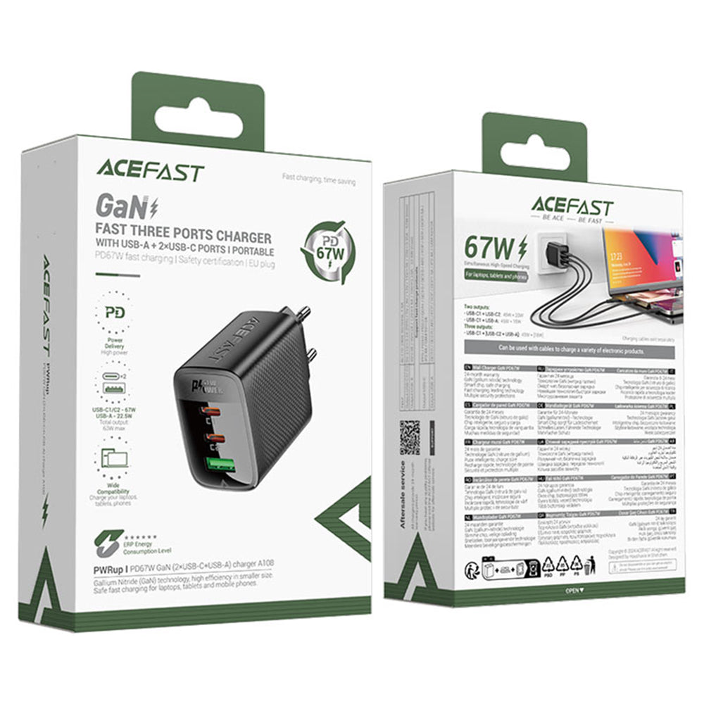 Chargeur Réseau Acefast A108, 67W, 3A, 1 x USB-A - 2 x USB-C, Noir