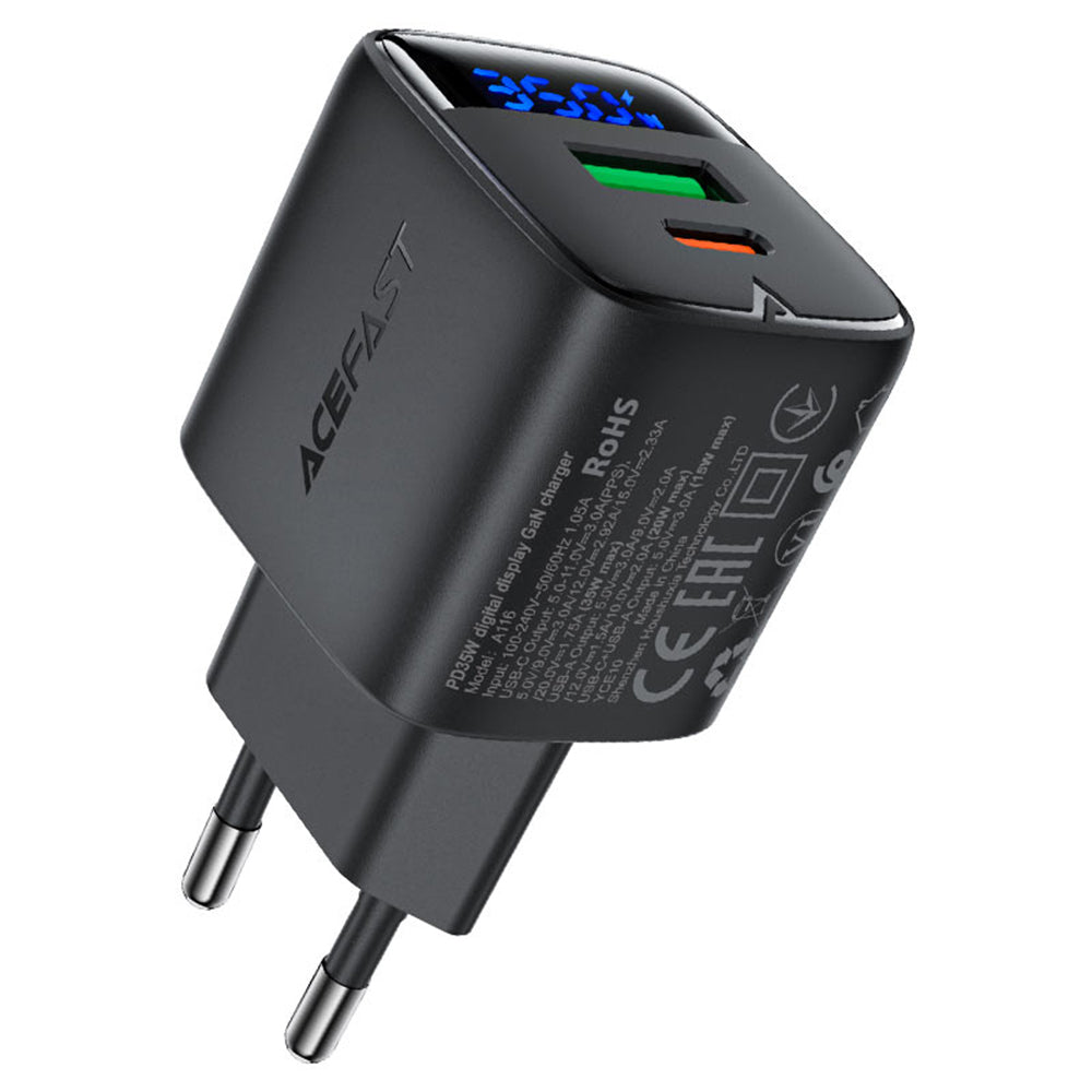 Chargeur Réseau Acefast A116 Display, 35W, 3A, 1 x USB-A - 1 x USB-C, Noir