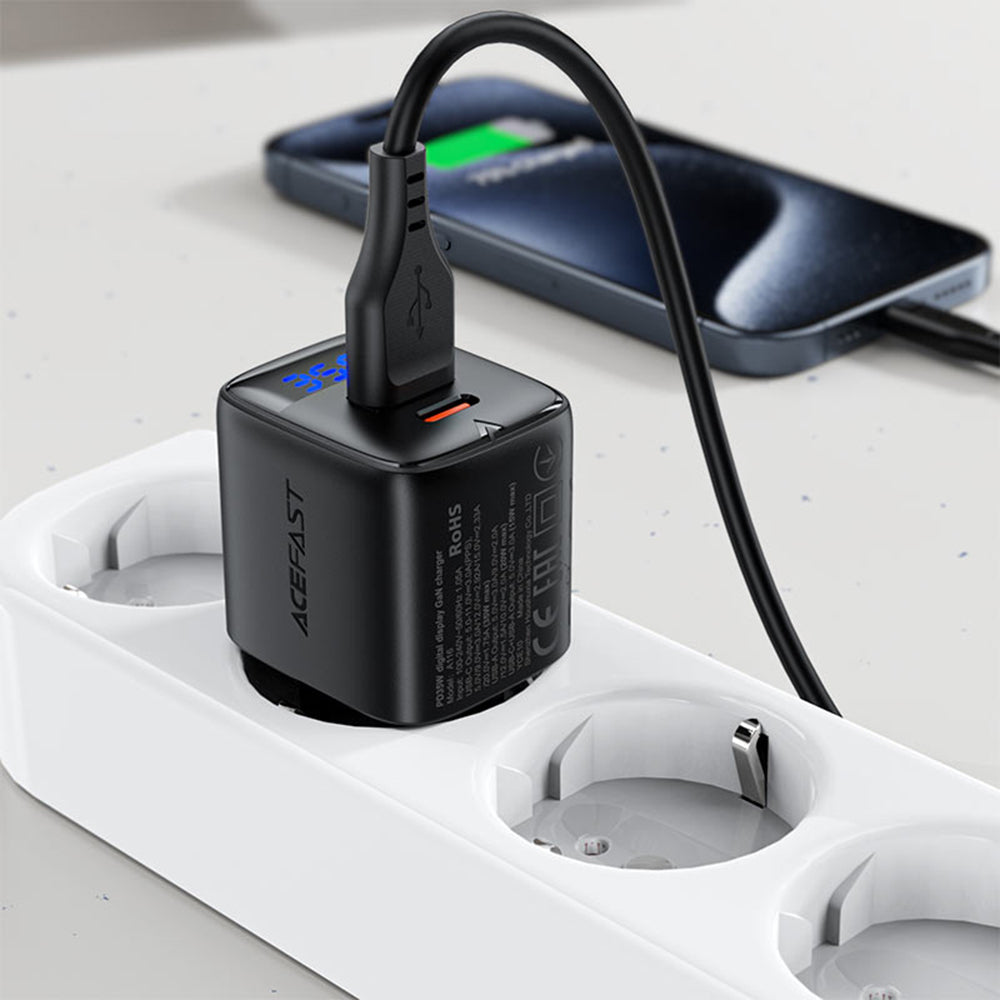 Chargeur Réseau Acefast A116 Display, 35W, 3A, 1 x USB-A - 1 x USB-C, Noir