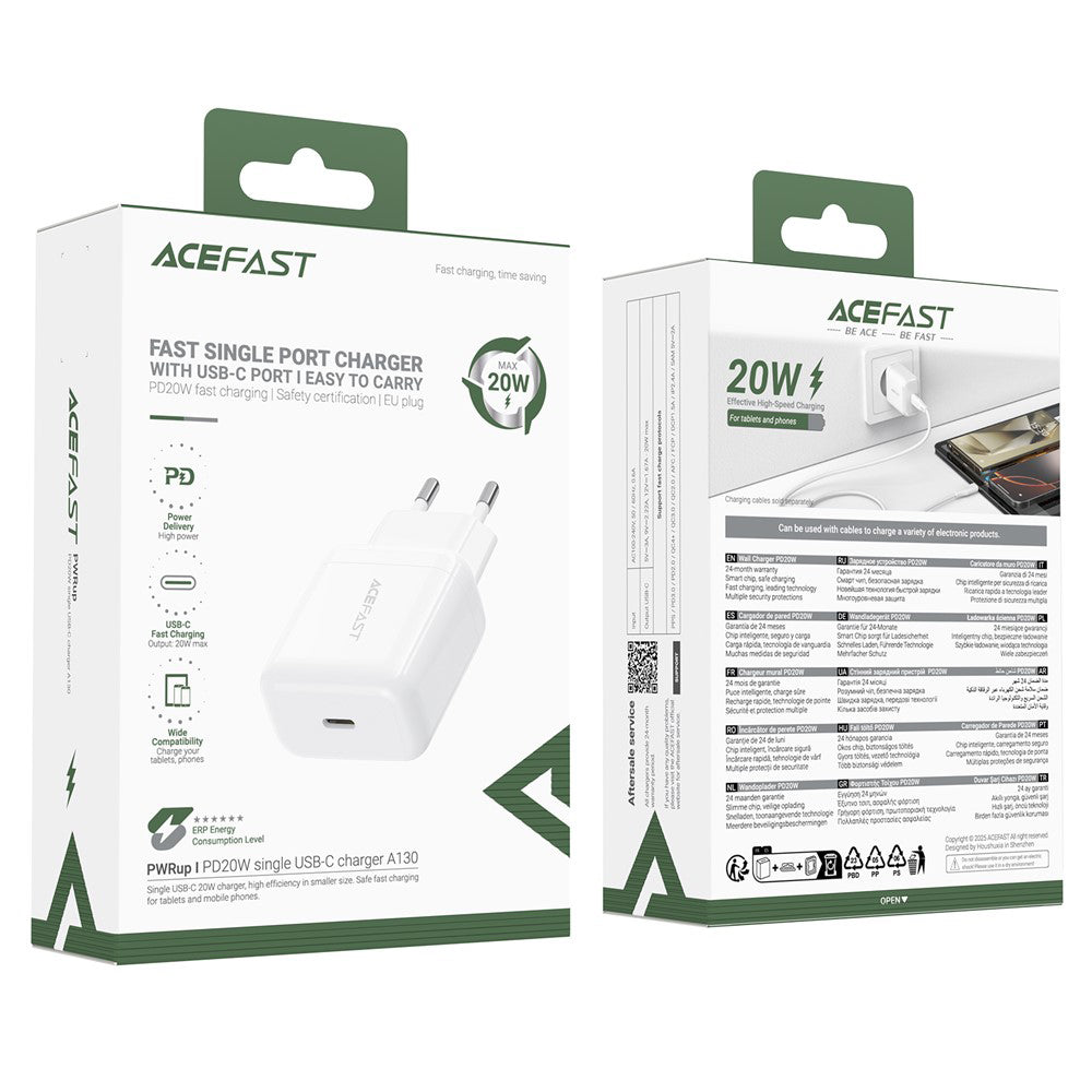 Chargeur réseau Acefast A130, 20W, 3A, 1 x USB-C, Blanc