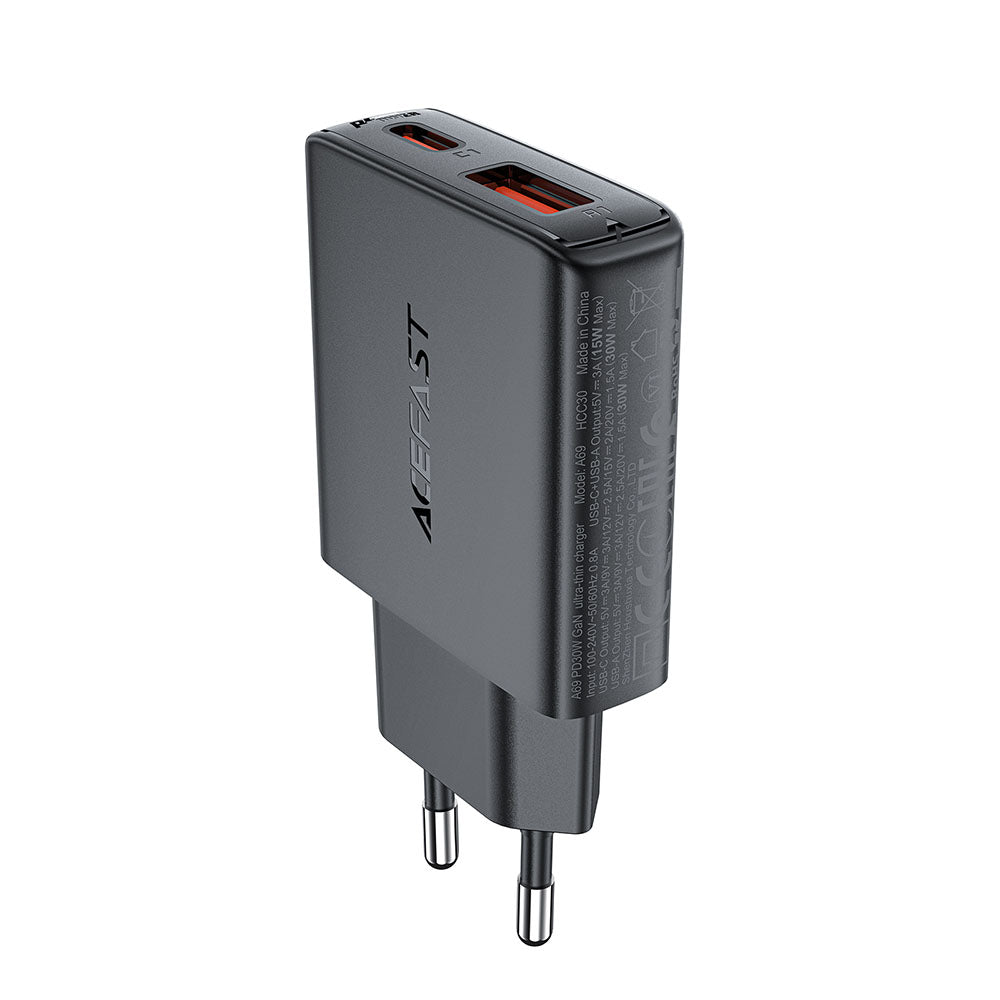 Chargeur Réseau Acefast A69, 30W, 3A, 1 x USB-A - 1 x USB-C, Noir