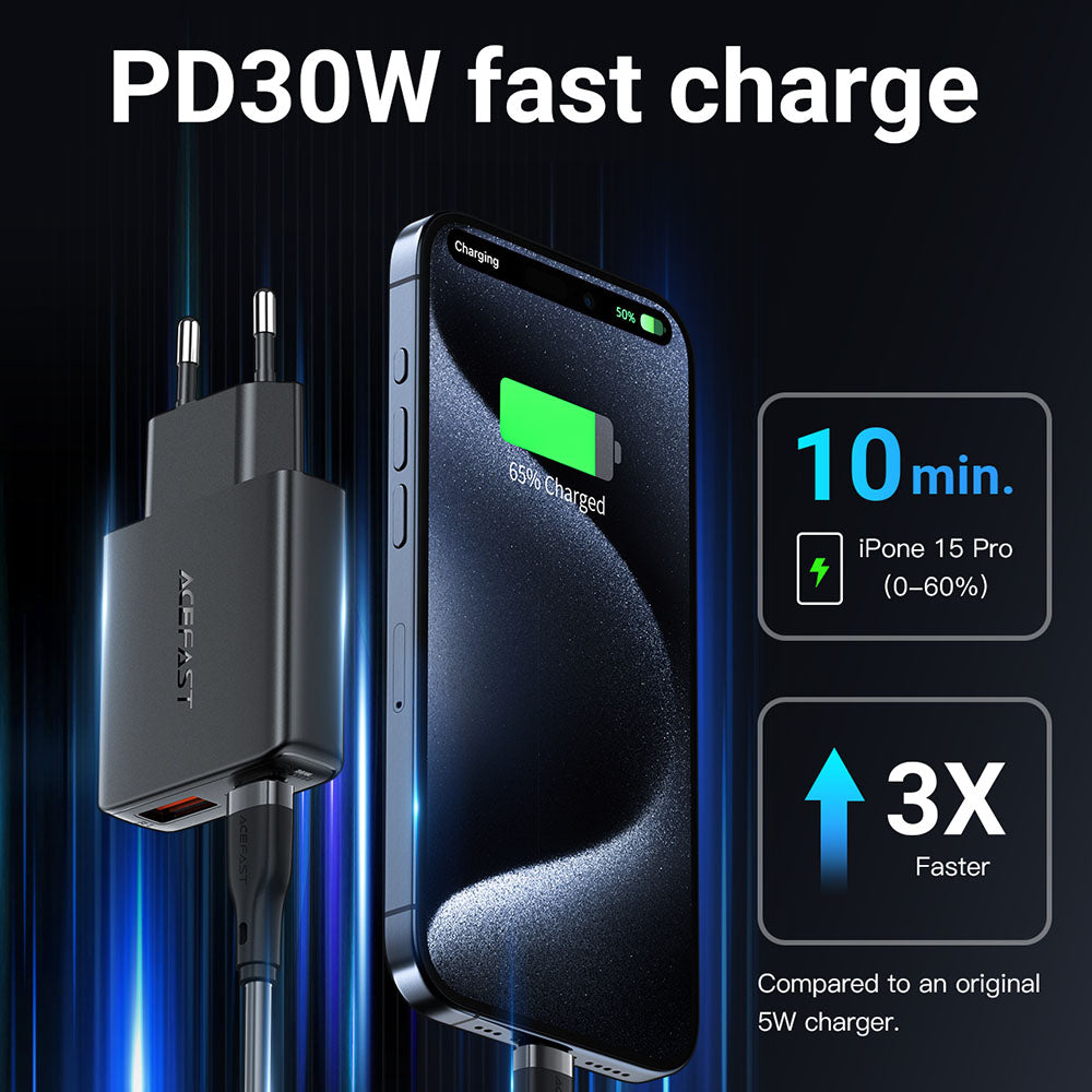 Chargeur Réseau Acefast A69, 30W, 3A, 1 x USB-A - 1 x USB-C, Noir