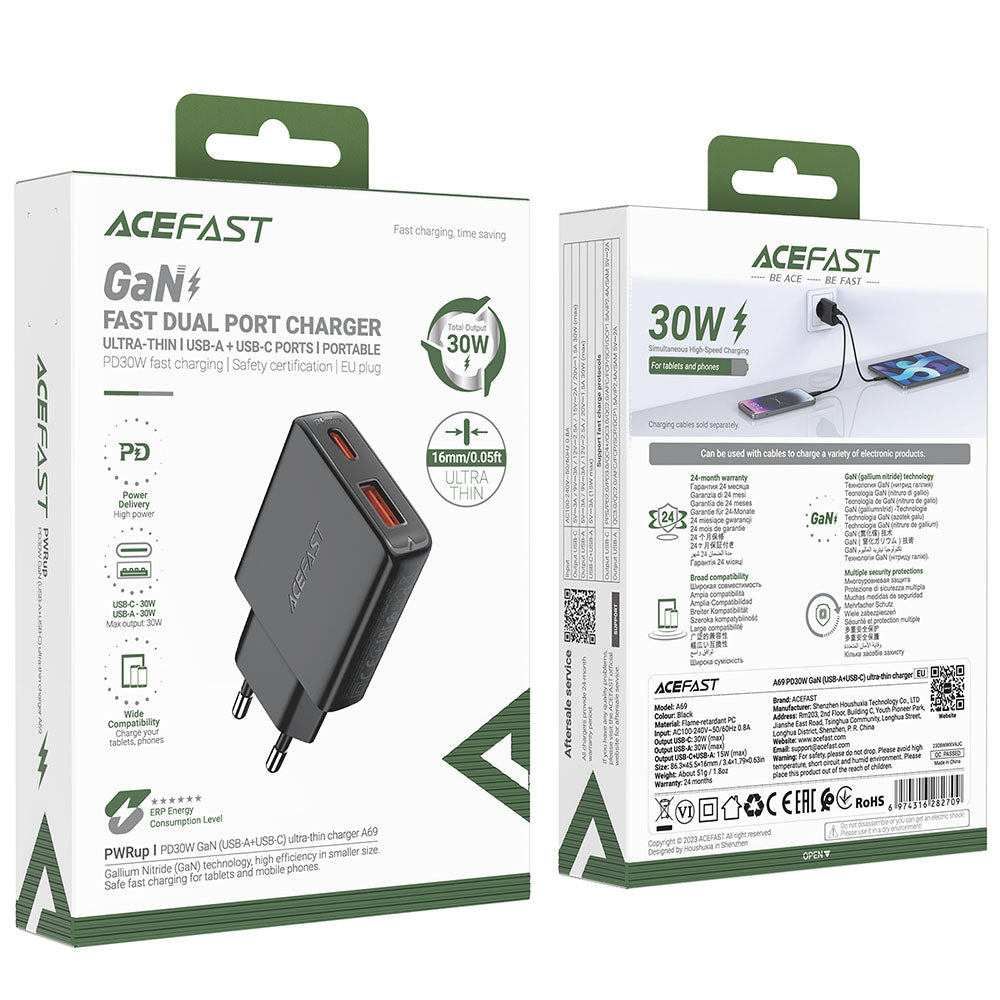 Chargeur Réseau Acefast A69, 30W, 3A, 1 x USB-A - 1 x USB-C, Noir