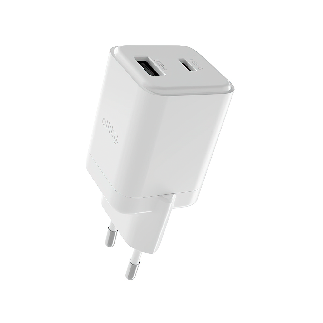 Chargeur Réseau Allity. ATC-01-30WAC Mini, 30W, 3A, 1 x USB-A - 1 x USB-C, Blanc.