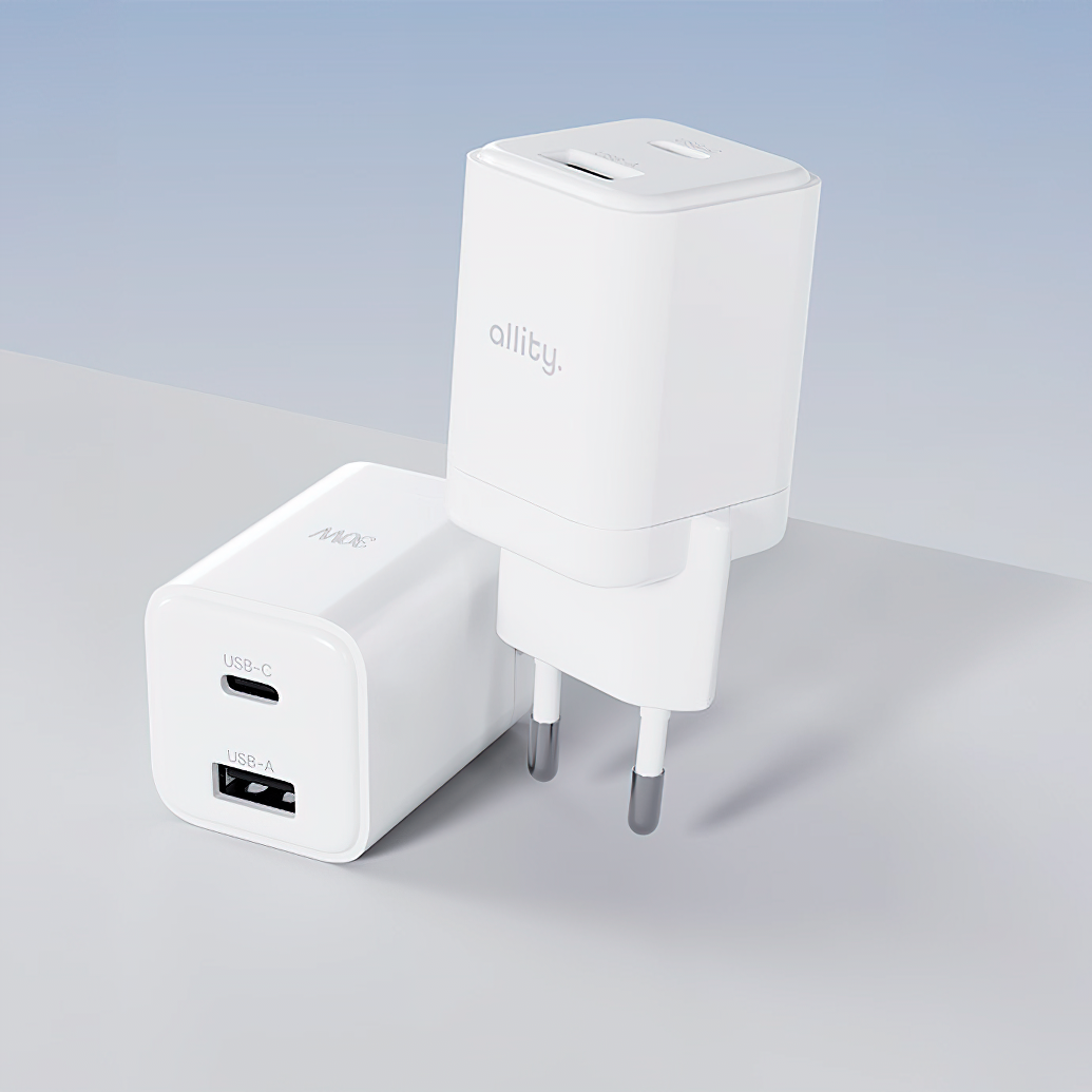 Chargeur Réseau Allity. ATC-01-30WAC Mini, 30W, 3A, 1 x USB-A - 1 x USB-C, Blanc.