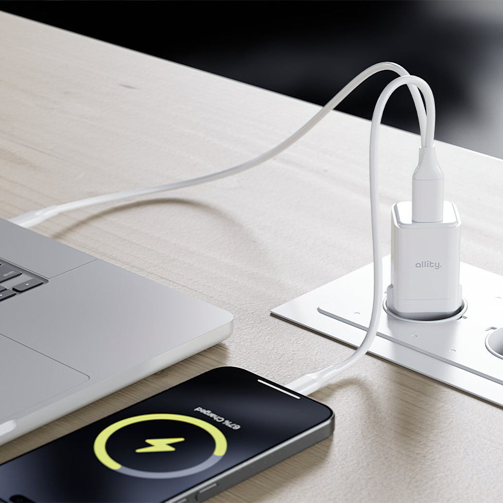Chargeur Réseau Allity. ATC-01-30WAC Mini, 30W, 3A, 1 x USB-A - 1 x USB-C, Blanc.