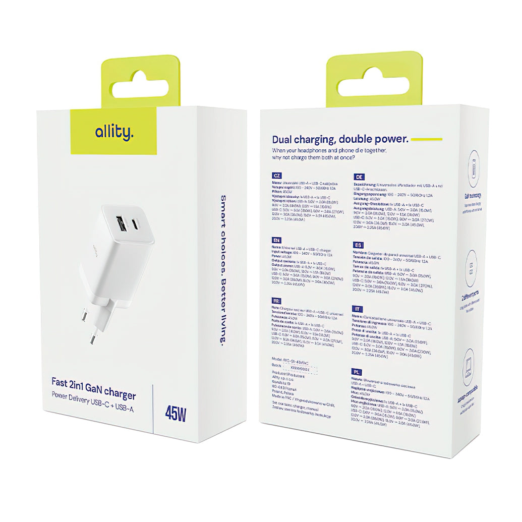 Chargeur Réseau Allity. ATC-01-45WCC Rapide, 45W, 3A, 1 x USB-A - 1 x USB-C, Blanc.