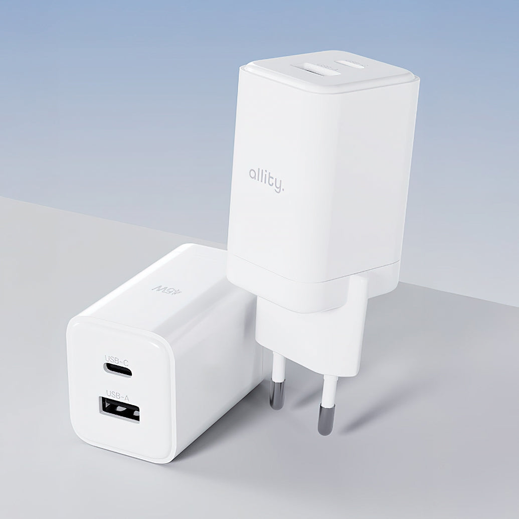Chargeur Réseau Allity. ATC-01-45WCC Rapide, 45W, 3A, 1 x USB-A - 1 x USB-C, Blanc.