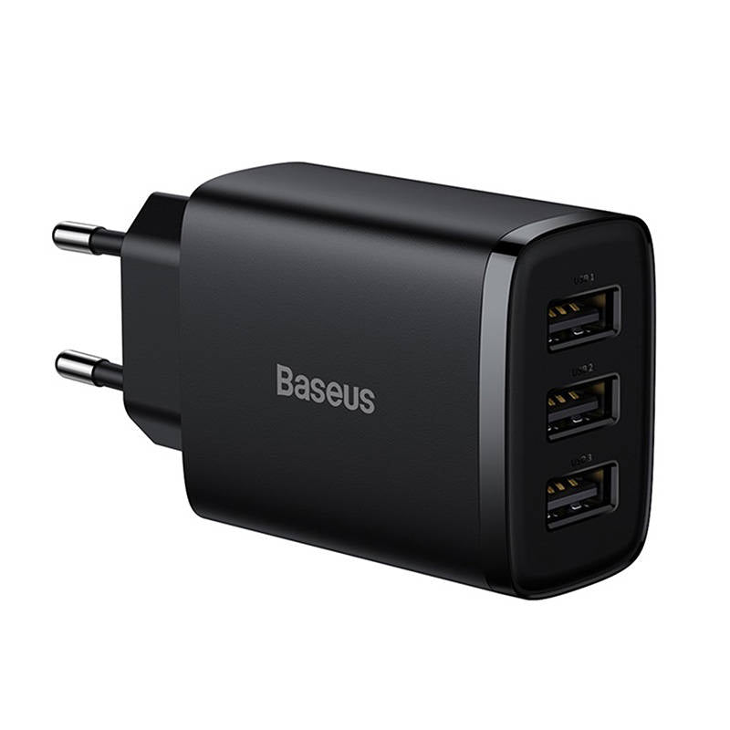 Chargeur réseau Baseus Compact 3U, 17W, 2.1A, 3 x USB-A, Noir CCXJ020101