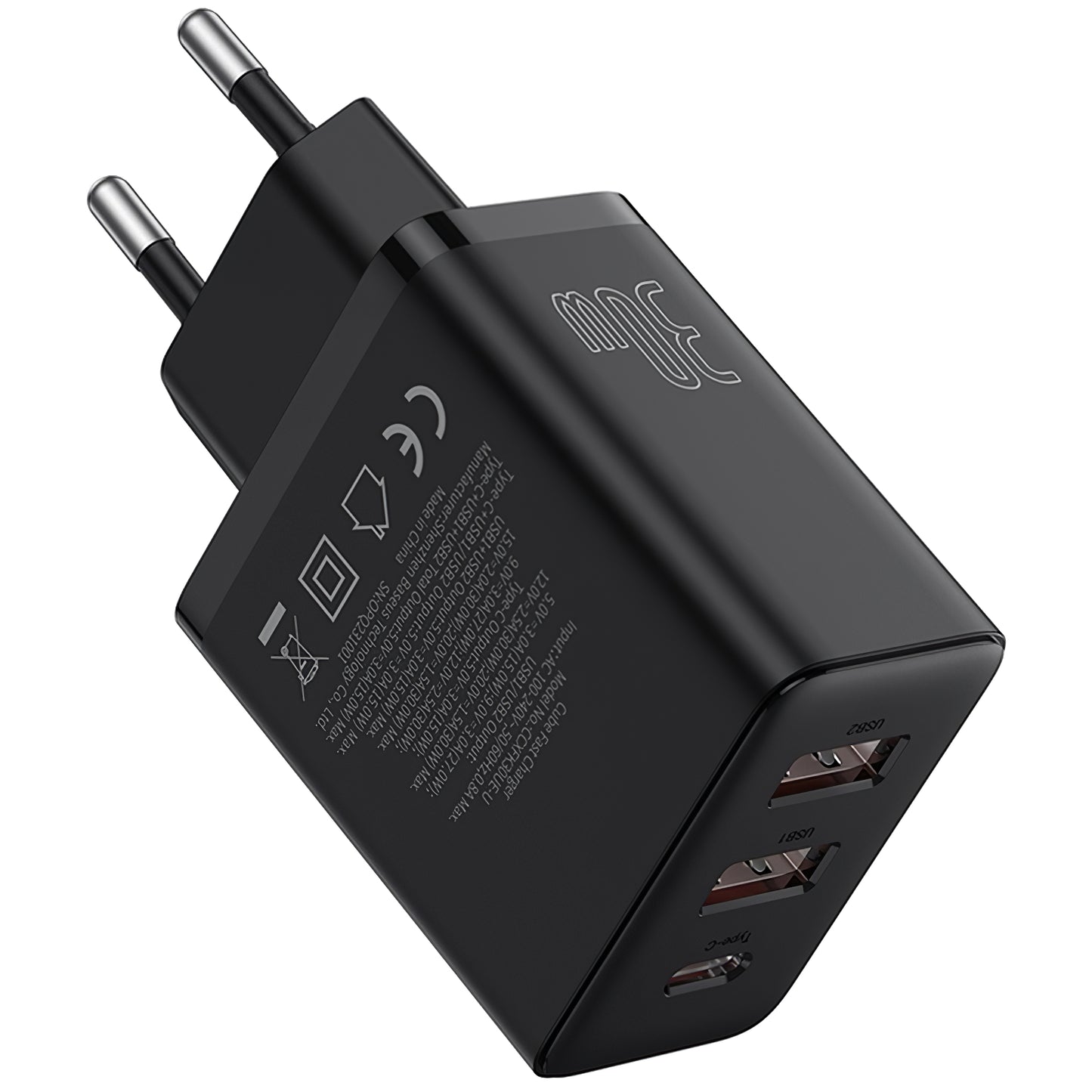 Chargeur réseau Baseus Cube, 30W, 3A, 1 x USB-C - 2 x USB-A, Noir P10111402113113-00