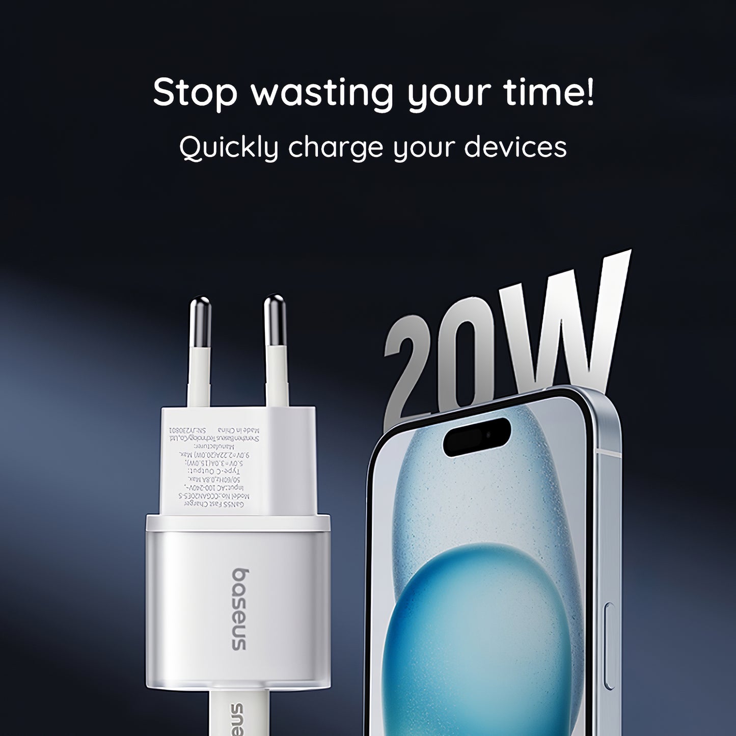 Baseus Chargeur réseau GaN5S, 20W, 3A, 1 x USB-C, Blanc P1016250503213-00