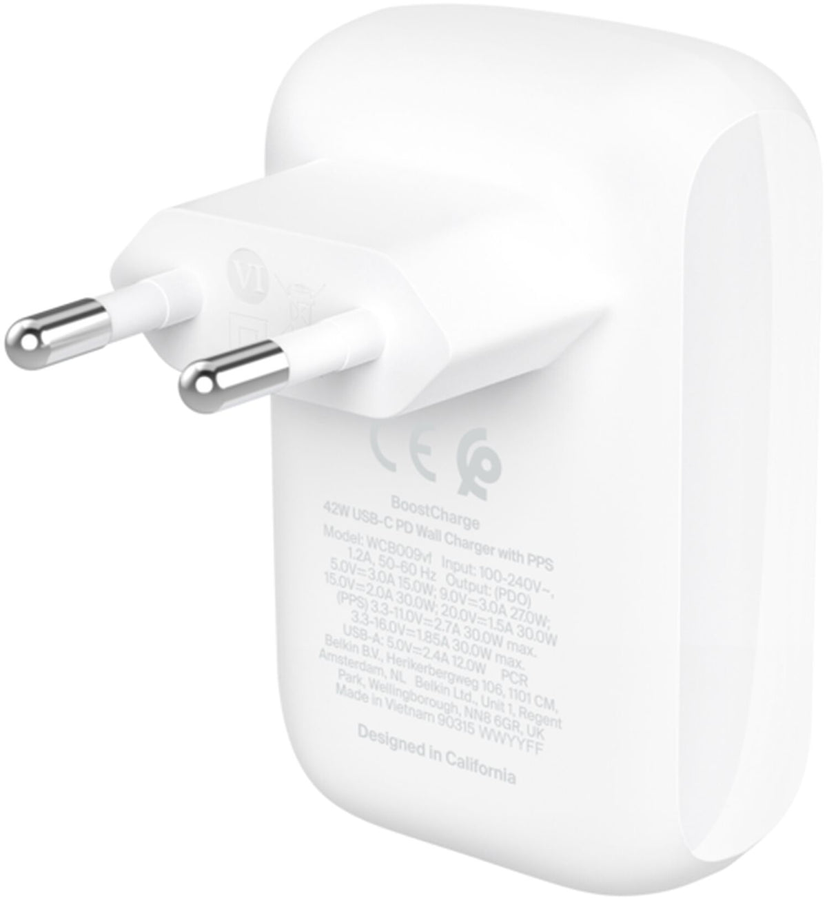 Chargeur secteur Belkin BoostCharge Dual, 42W, 3A, 1 x USB-A - 1 x USB-C, Blanc WCB009vfWH
