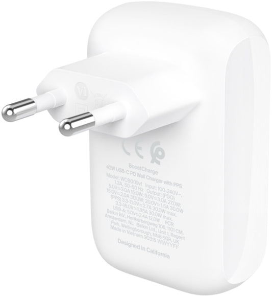 Chargeur secteur Belkin BoostCharge Dual, 42W, 3A, 1 x USB-A - 1 x USB-C, Blanc WCB009vfWH
