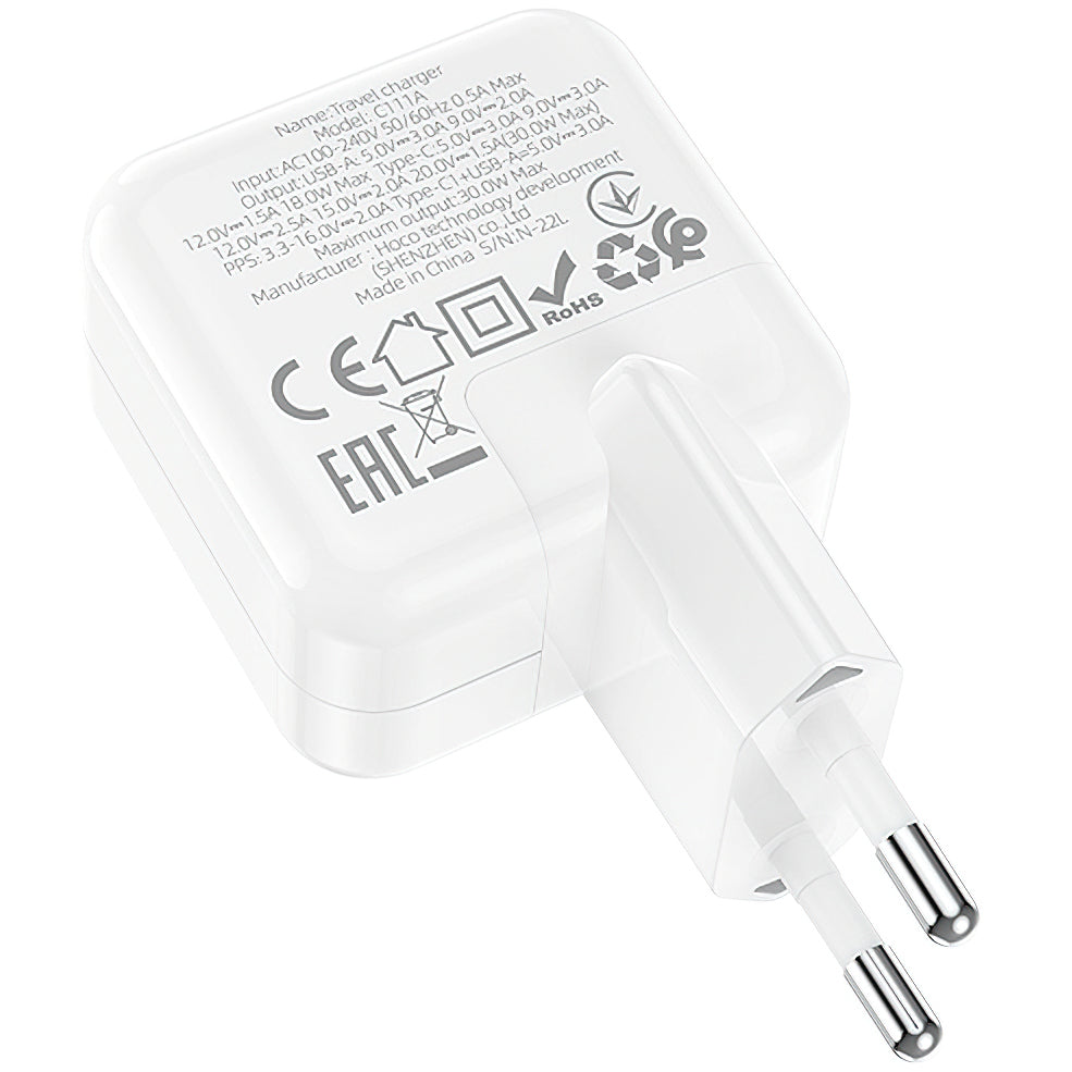 Chargeur réseau BLUE Power BC111A, 30W, 3A, 1 x USB-A - 1 x USB-C, blanc