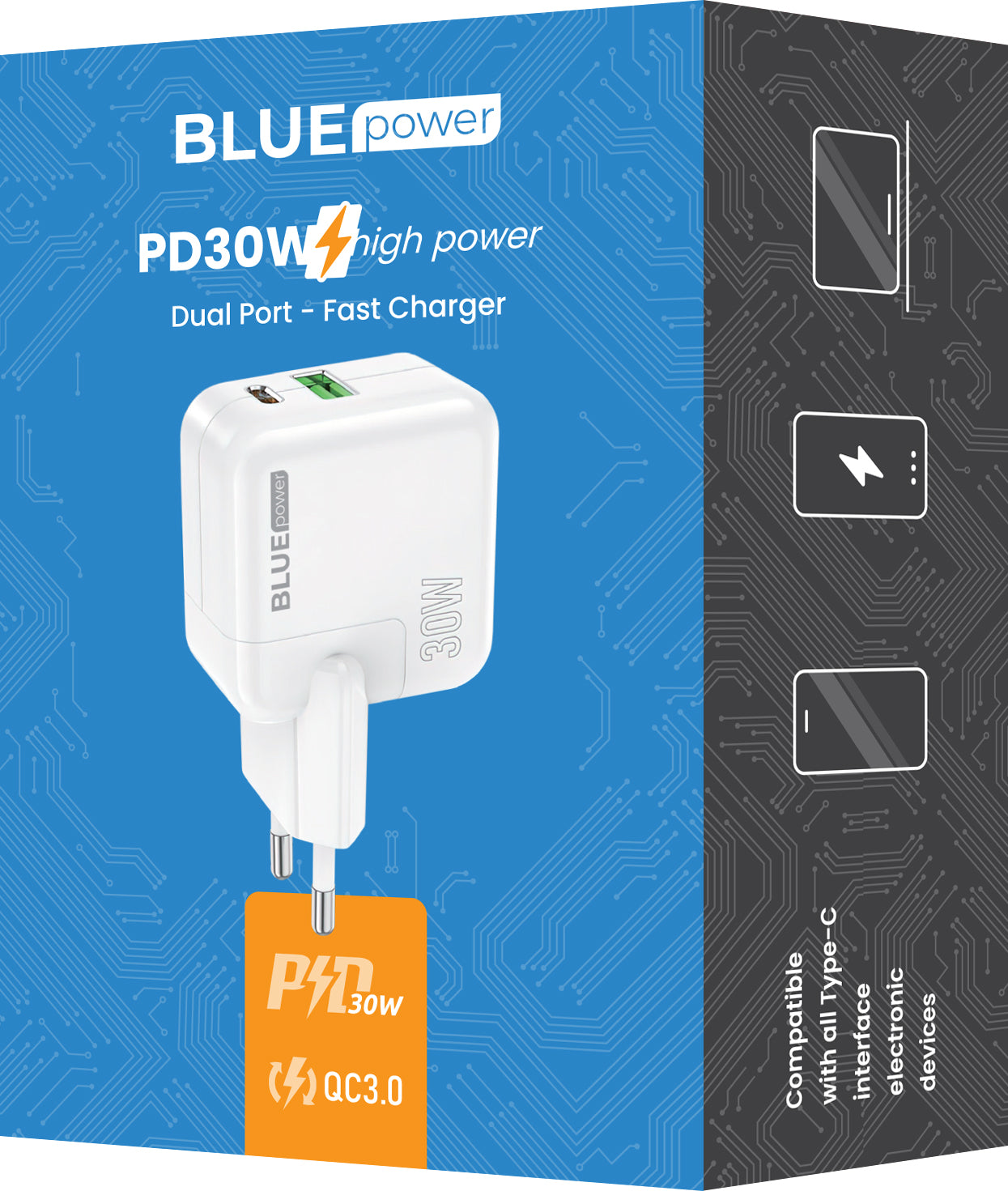 Chargeur réseau BLUE Power BC111A, 30W, 3A, 1 x USB-A - 1 x USB-C, blanc