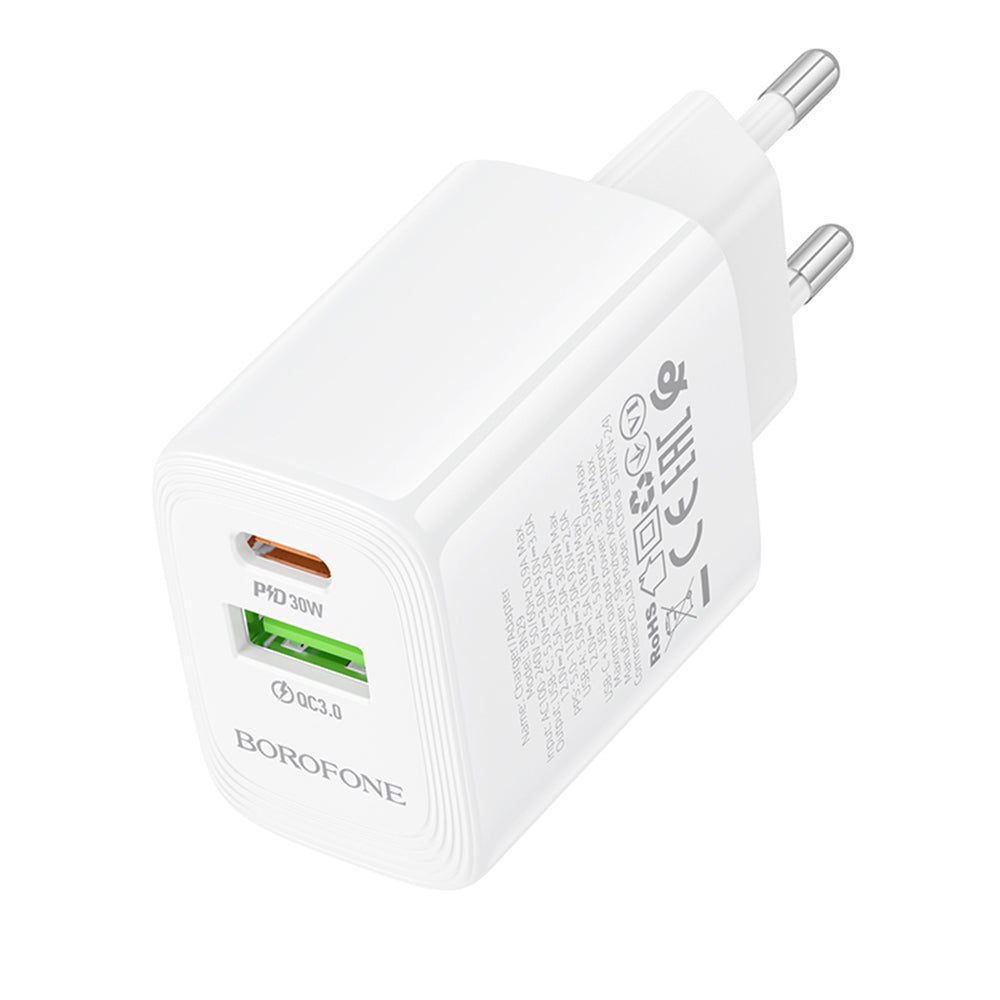 Chargeur Réseau Borofone BN29 Fuente, 30W, 3A, 1 x USB-A - 1 x USB-C, Blanc