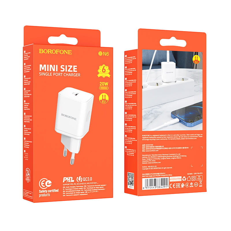 Borofone BN6 Field Network Charger, 20W, 3A, 1 x USB-C, White